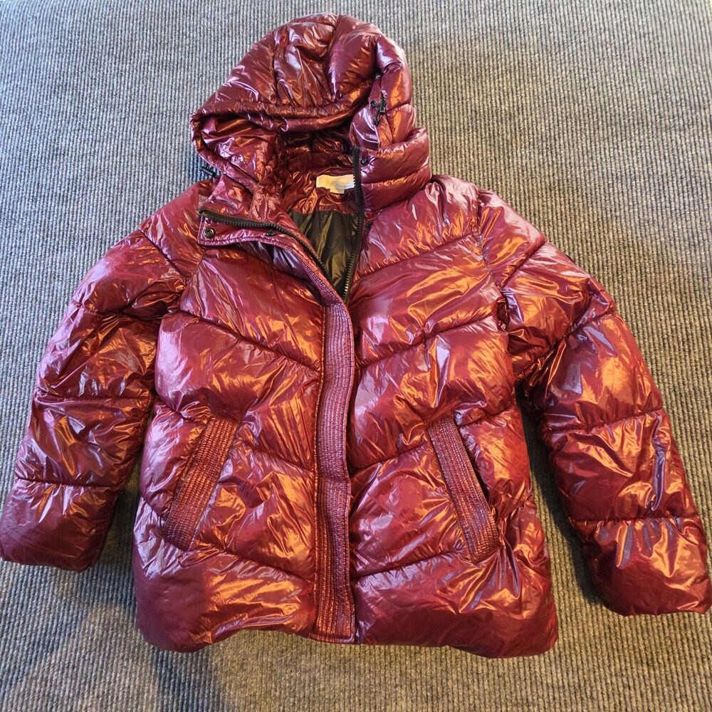 Michael Kors Women’s Maroon Quilted Puffer Jacket L Insulated Full Zip Hooded